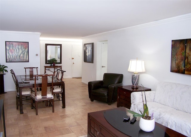 living room featuring crown molding and light parquet floors