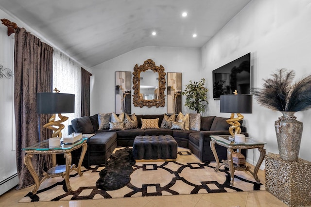 tiled living room with baseboard heating and lofted ceiling