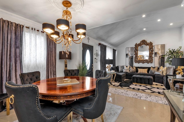 dining area with a chandelier, vaulted ceiling, and light tile patterned floors