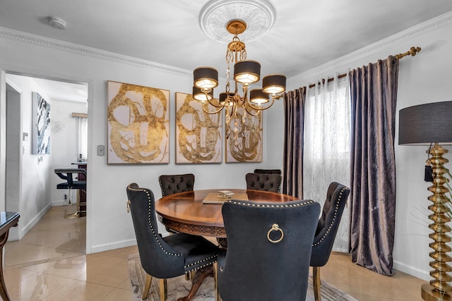 dining space with a notable chandelier, ornamental molding, and light tile patterned flooring