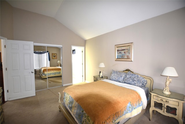 bedroom featuring carpet floors, vaulted ceiling, and a closet