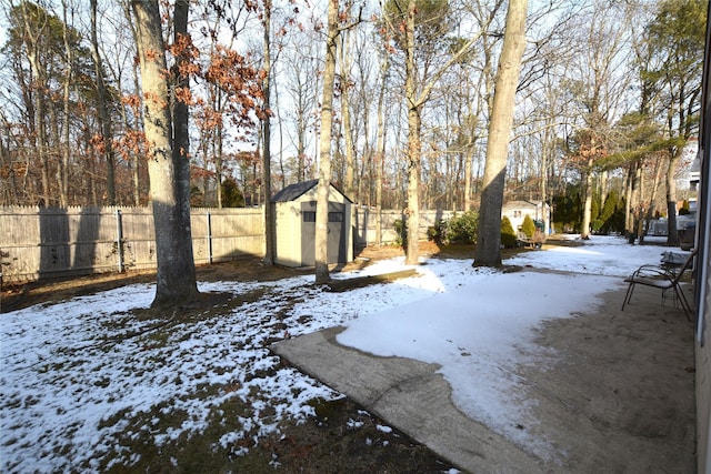 yard covered in snow with a storage unit