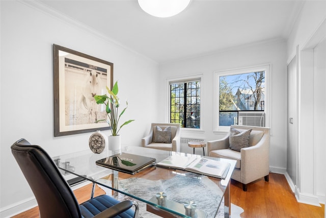 interior space featuring baseboards, crown molding, and light wood finished floors