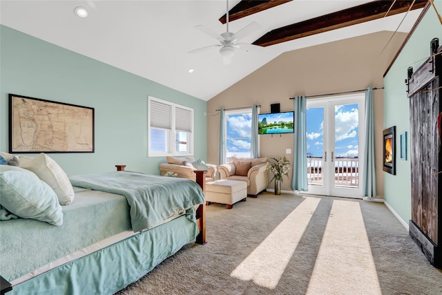 bedroom featuring beam ceiling, access to outside, light colored carpet, and ceiling fan