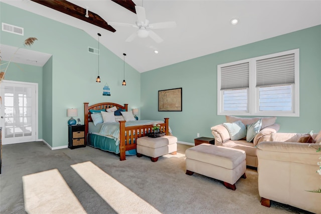 bedroom featuring ceiling fan, high vaulted ceiling, light colored carpet, and beamed ceiling