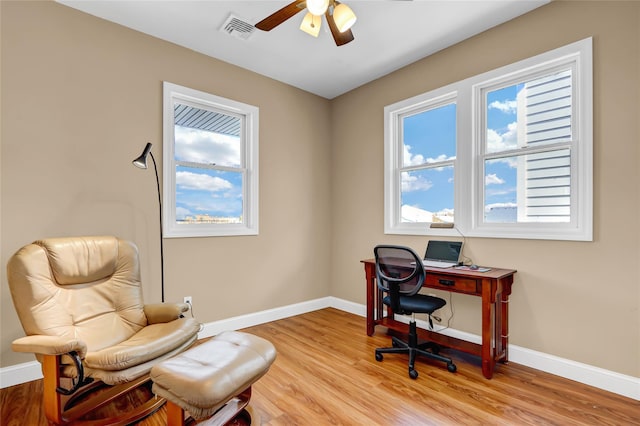 office with ceiling fan, plenty of natural light, and light wood-type flooring