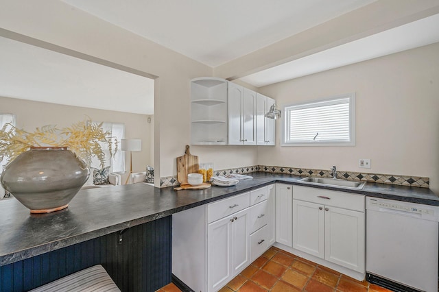 kitchen featuring dishwasher, sink, white cabinets, and tile patterned floors