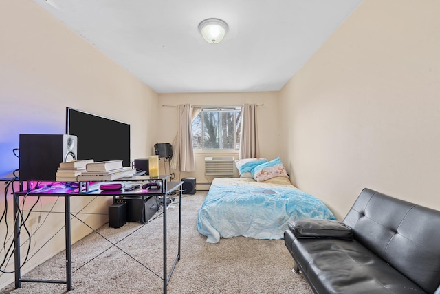 bedroom featuring light colored carpet