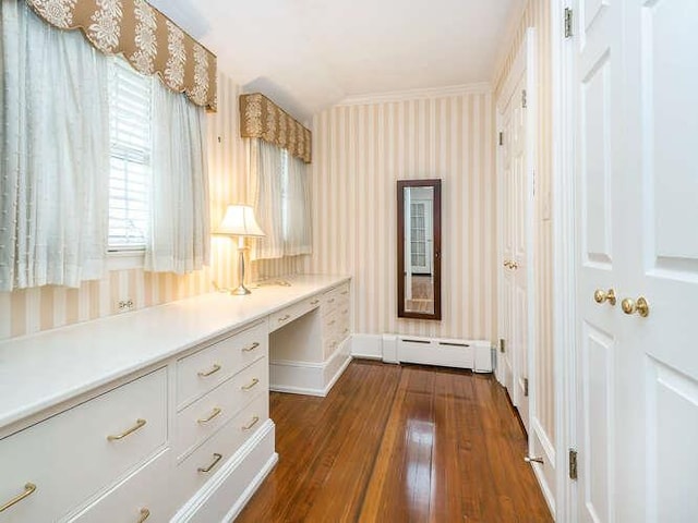 interior space featuring dark hardwood / wood-style flooring, built in desk, and a baseboard radiator