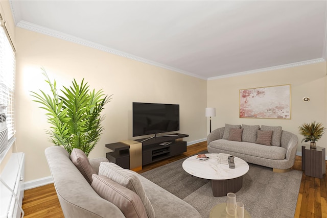 living room featuring crown molding and hardwood / wood-style floors