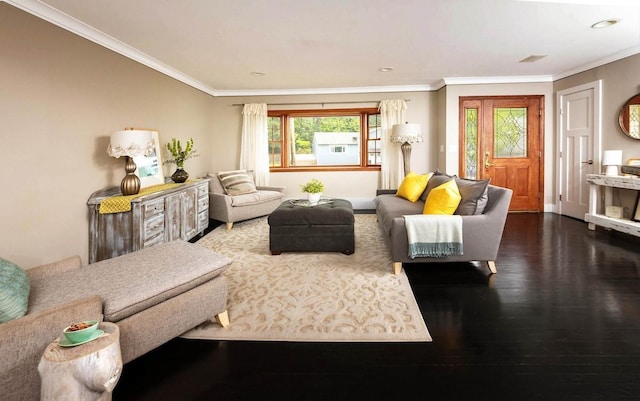 living room with crown molding and wood-type flooring