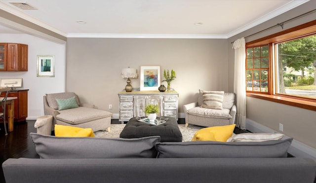 living room with crown molding and wood-type flooring