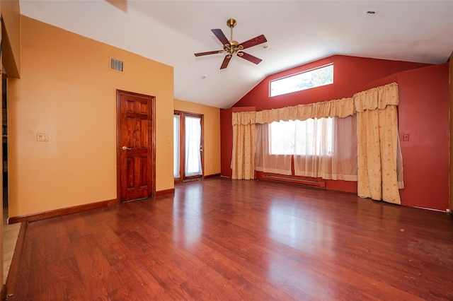 spare room with lofted ceiling, ceiling fan, dark hardwood / wood-style flooring, and a baseboard radiator