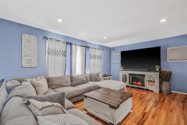 living room featuring hardwood / wood-style flooring and a fireplace