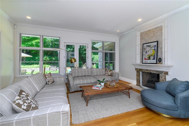 living room featuring wood-type flooring, plenty of natural light, a fireplace, and crown molding