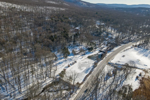 snowy aerial view with a mountain view