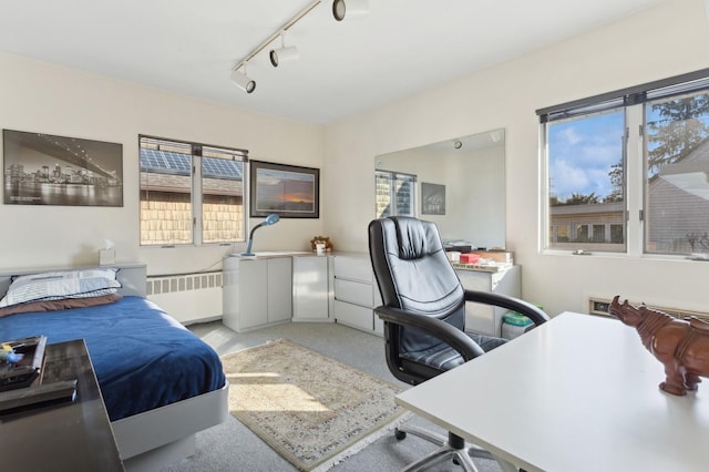 bedroom with rail lighting and radiator heating unit