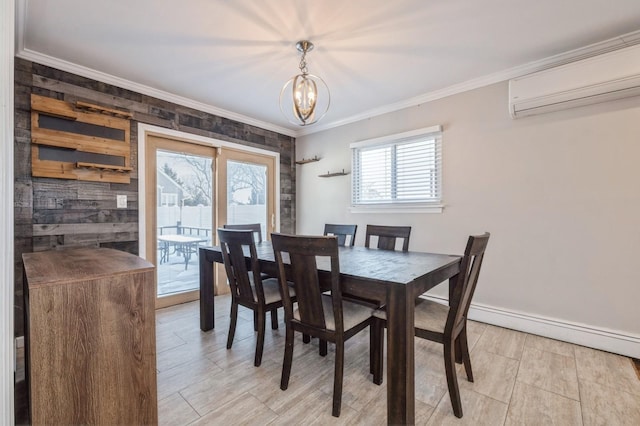 dining space with an inviting chandelier, a wall mounted air conditioner, ornamental molding, and baseboard heating