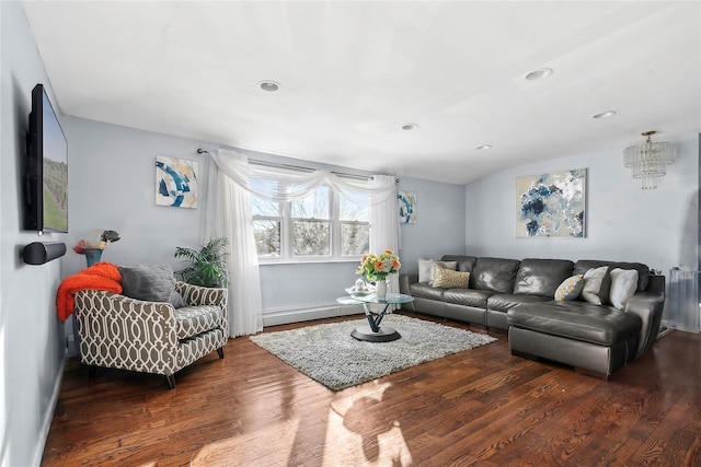 living room with dark wood-type flooring and a baseboard radiator