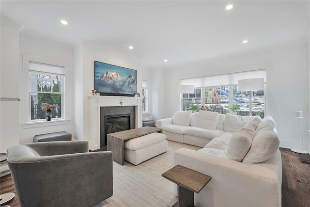 living room with crown molding and hardwood / wood-style floors