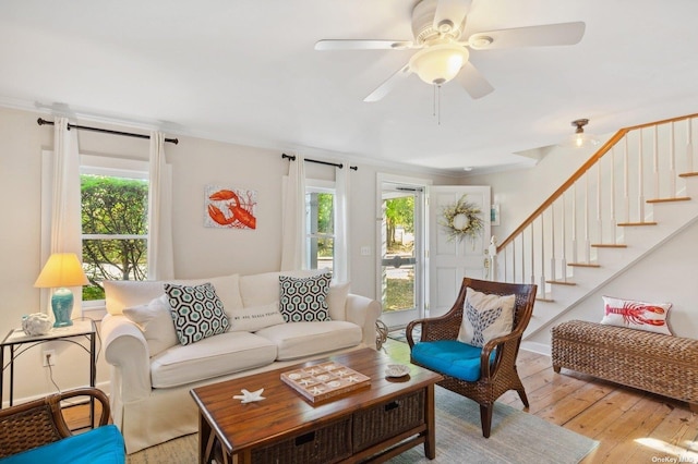 living room featuring ceiling fan, ornamental molding, plenty of natural light, and light wood-type flooring