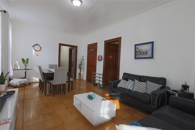 living room with light parquet floors and crown molding