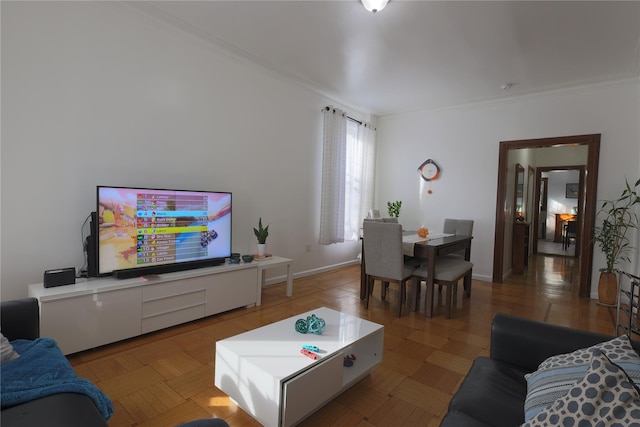 living room with parquet floors and ornamental molding