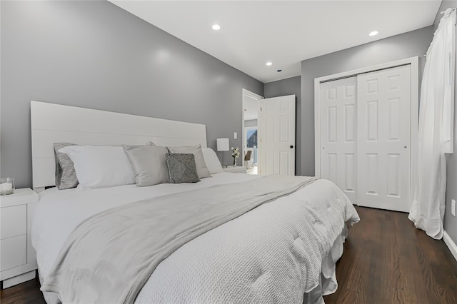 bedroom featuring dark wood-type flooring and a closet