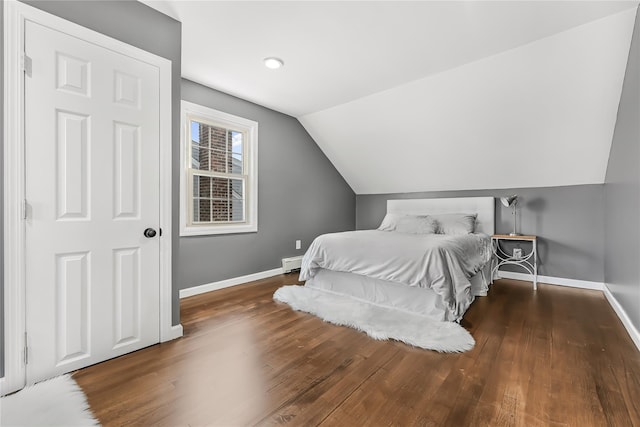 bedroom featuring vaulted ceiling, dark hardwood / wood-style floors, and a baseboard radiator