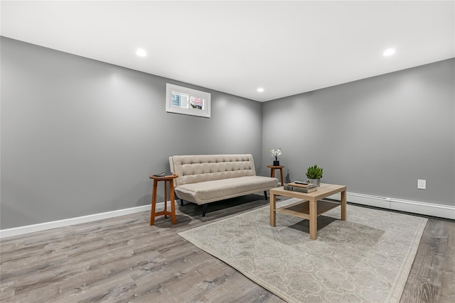 living area featuring baseboard heating and wood-type flooring