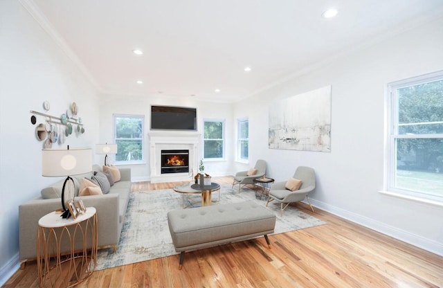 living room featuring crown molding, a wealth of natural light, and light wood-type flooring