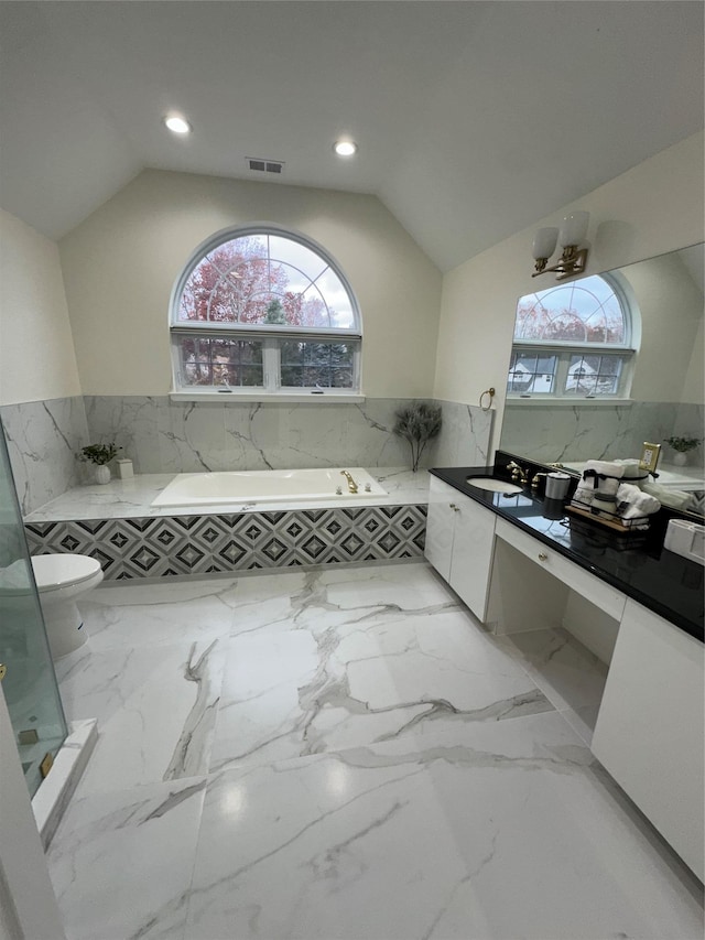 bathroom featuring a healthy amount of sunlight, vanity, vaulted ceiling, and a washtub