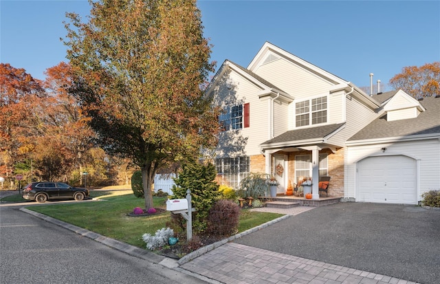 view of front of house featuring a garage, a front yard, and covered porch