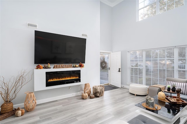 living room with hardwood / wood-style floors and a towering ceiling