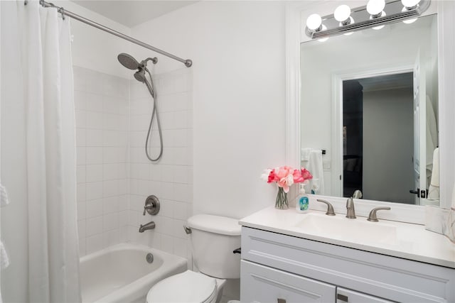 full bathroom with vanity, shower / bath combination with curtain, and toilet