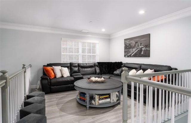 living room with crown molding