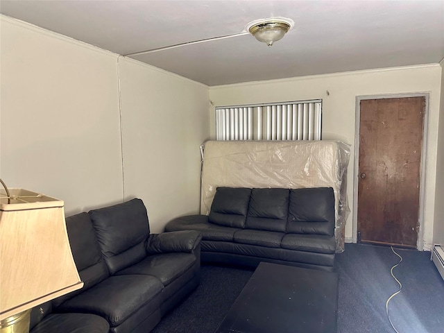 living room featuring crown molding, carpet floors, and baseboard heating