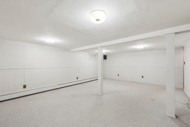 finished basement with a baseboard radiator and visible vents