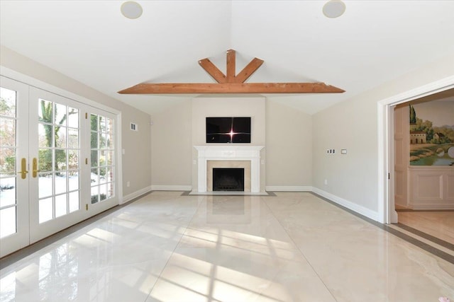 unfurnished living room featuring french doors, light tile patterned flooring, and vaulted ceiling with beams