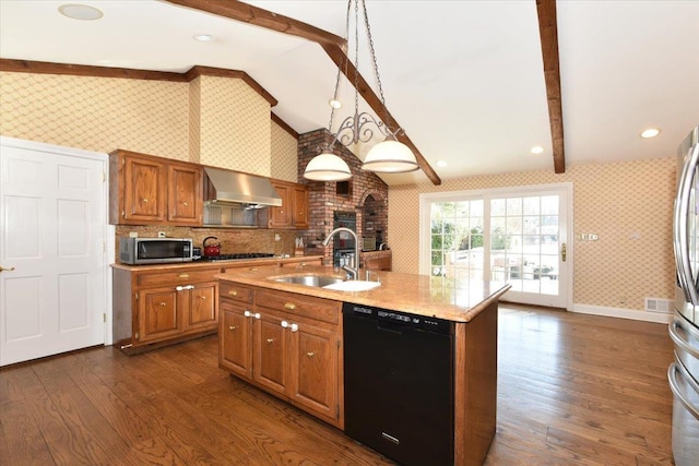 kitchen featuring wall chimney exhaust hood, sink, black dishwasher, pendant lighting, and a kitchen island with sink