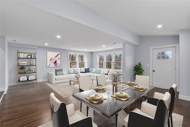 dining space featuring dark wood-style floors, recessed lighting, and baseboards