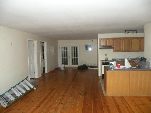 kitchen with dark hardwood / wood-style flooring, french doors, and kitchen peninsula