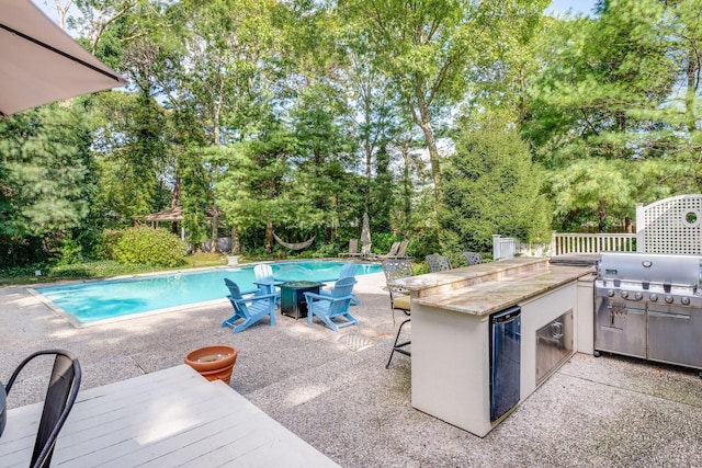 view of swimming pool with area for grilling, a patio, grilling area, and an outdoor bar