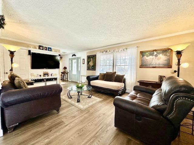 living room featuring hardwood / wood-style flooring, ornamental molding, and a textured ceiling