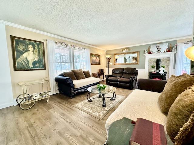 living room with hardwood / wood-style flooring, ornamental molding, and a textured ceiling