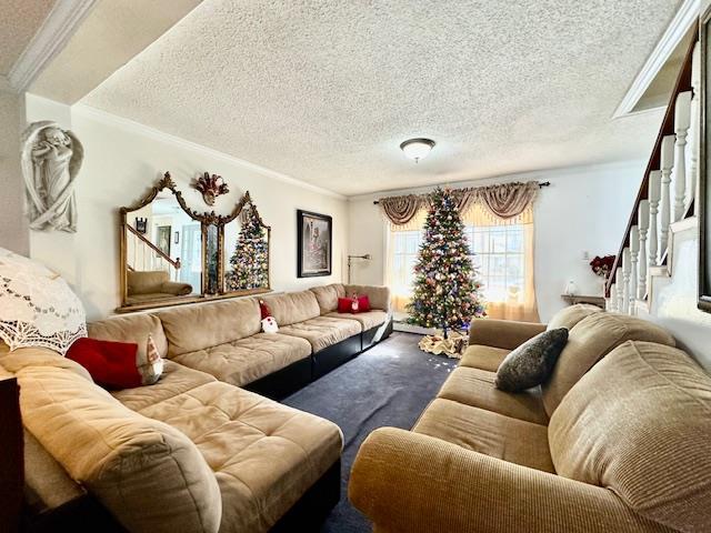 living room with crown molding and a textured ceiling