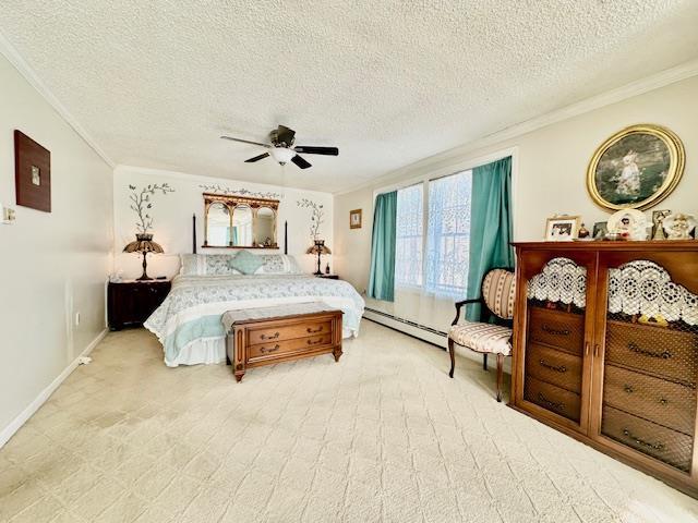 bedroom with ornamental molding, a textured ceiling, ceiling fan, and baseboard heating