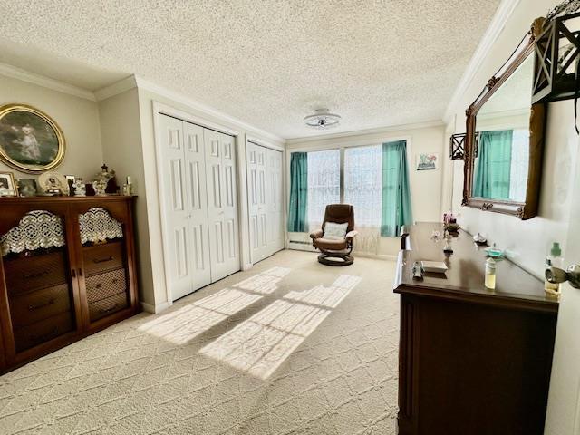 living area with light carpet, ornamental molding, and a textured ceiling