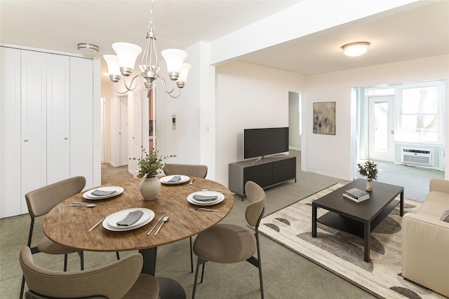 dining area with light carpet, an inviting chandelier, and cooling unit