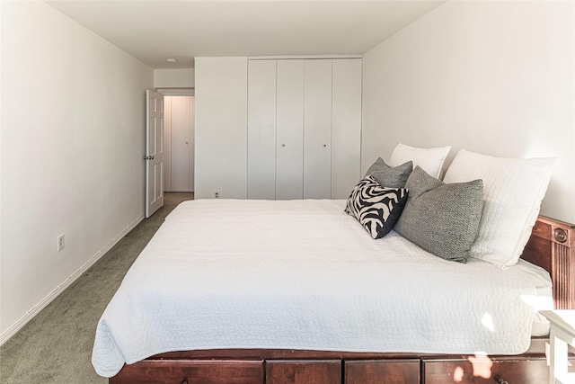 bedroom featuring carpet, baseboards, and a closet